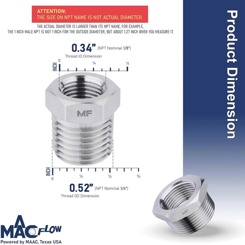 MAACFLOW Stainless Steel 1/4" Male NPT to 1/8" Female NPT Adapter Reducer Hex Bushing (Thread OD 0.52" - ID 0.34") (Pack of 1) - Image 2